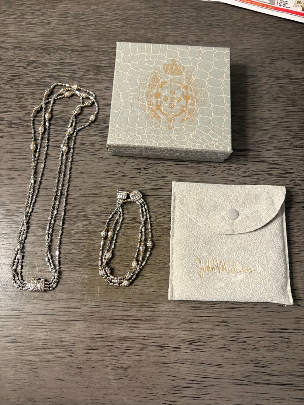 John Medeiros Two Tone Triple Strand CZ Necklace & Bracelet Set w/box & pouch